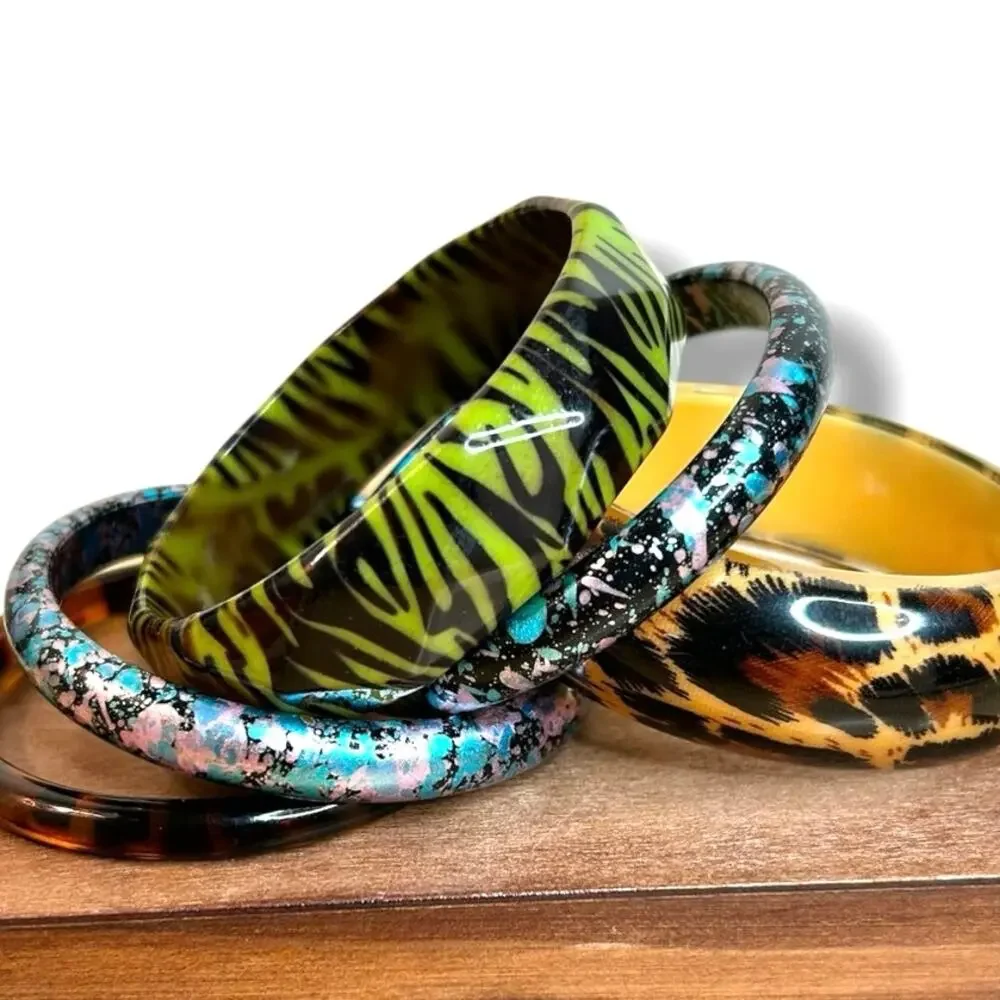 Chunky Acrylic Bangle Stack Multi Color Safari Animal Print Splatter Bracelets